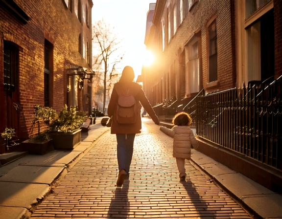 A parent and child walking together on a Brooklyn street at dusk