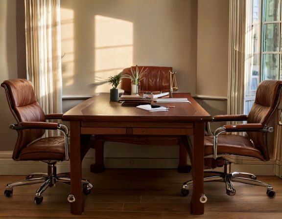 Two chairs facing each other across a desk in a quiet law office