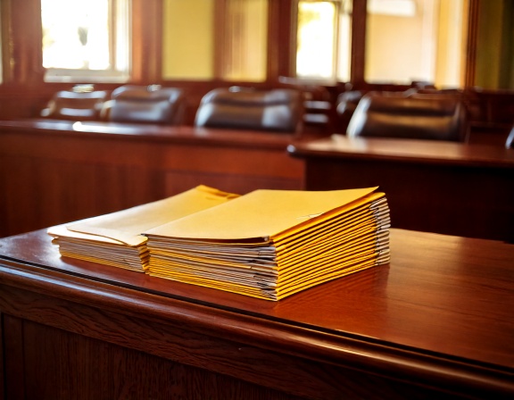 Organized case binders on a counsel table in an empty courtroom